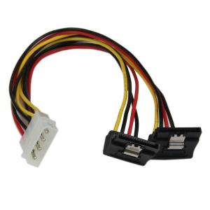 Right Angle Latching SATA Power Y Cable Splitter 12in Lp4 To 2x - 4pin Molex To Dual SATA