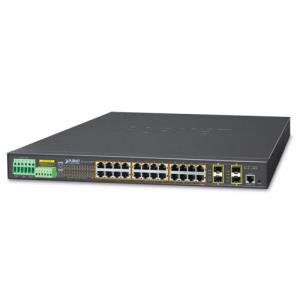 PLANET Industrial L2 + 24P 10/100/1000T PoE Switch 4P shared 100/1000X SFP Uplinks -40/+75C degrees