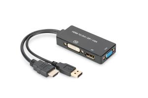 ASSMANN HDMI converter cable, HDMI - DP+DVI+VGA M-F/F/F, 20cm 3 in 1 Multi-Media cable, CE, Black