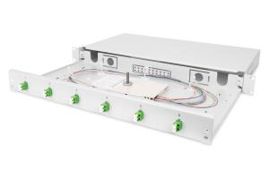 FO splice box 1U equipped 6x LC DX OS2 APC incl. splice cassette colored pigtails couplers